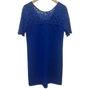 Badgley Mischka Belle Dress Womens 4 Blue Lace Short Sleeve Shift Mini Party